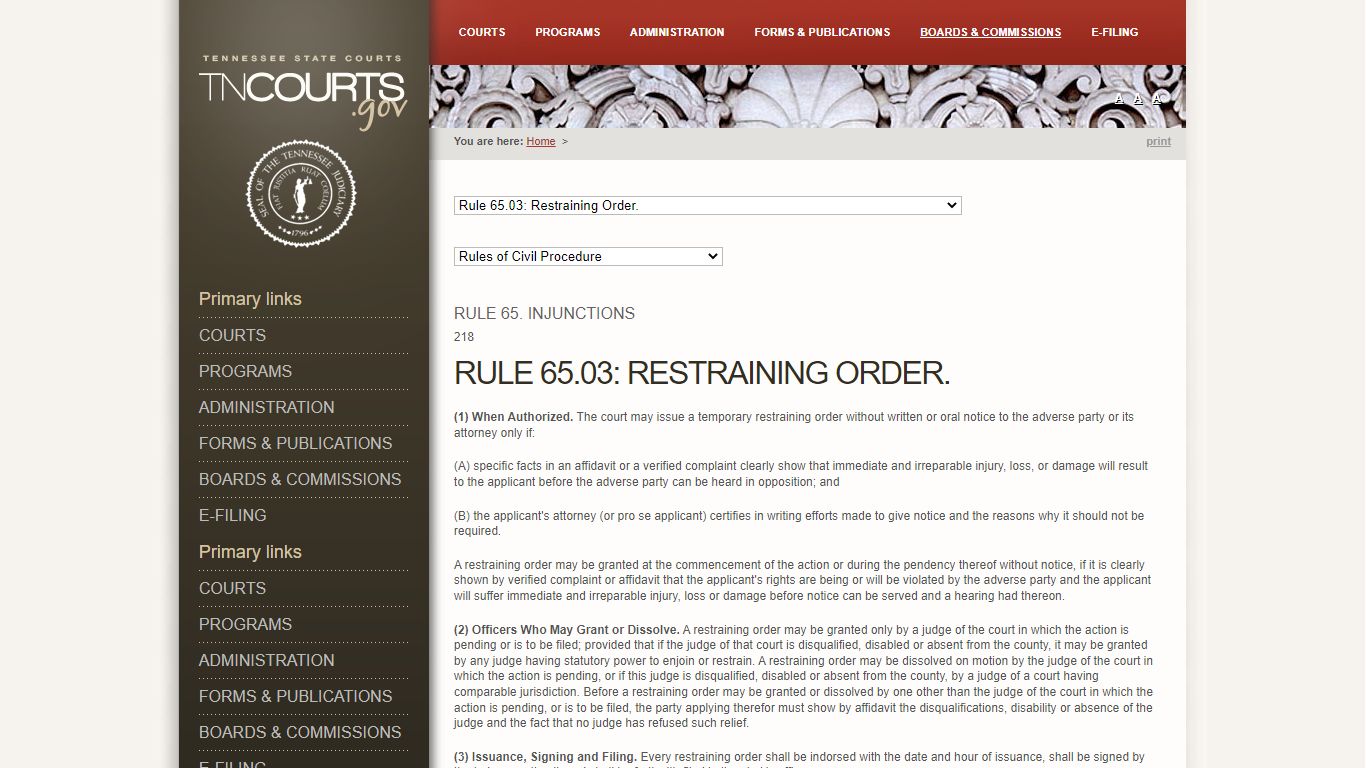 Rule 65.03: Restraining Order. | Tennessee Administrative Office of the ...